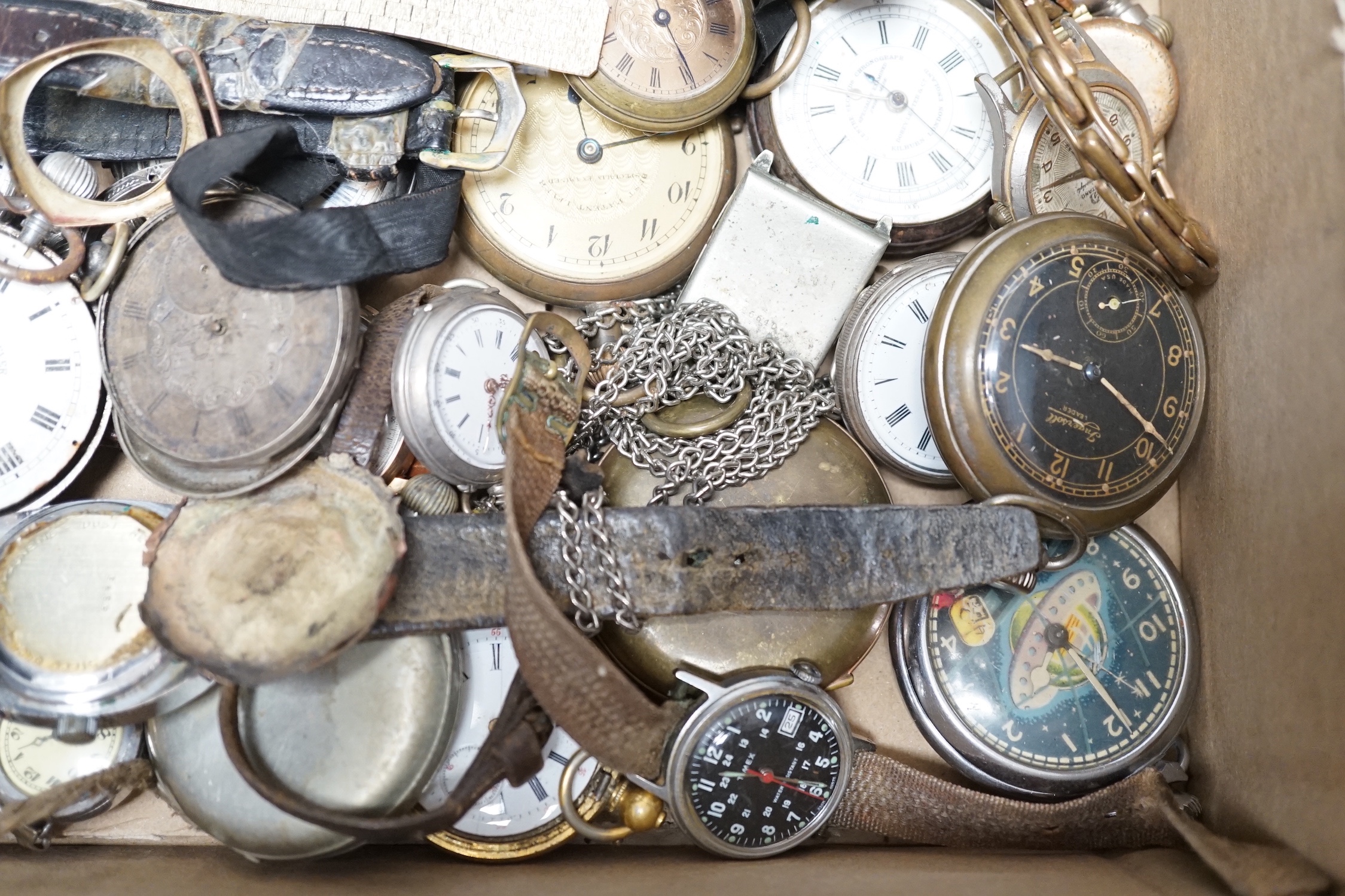 A collection of assorted wrist and pocket watches, mostly a.f. including an 18k Swiss chronograph wrist watch.